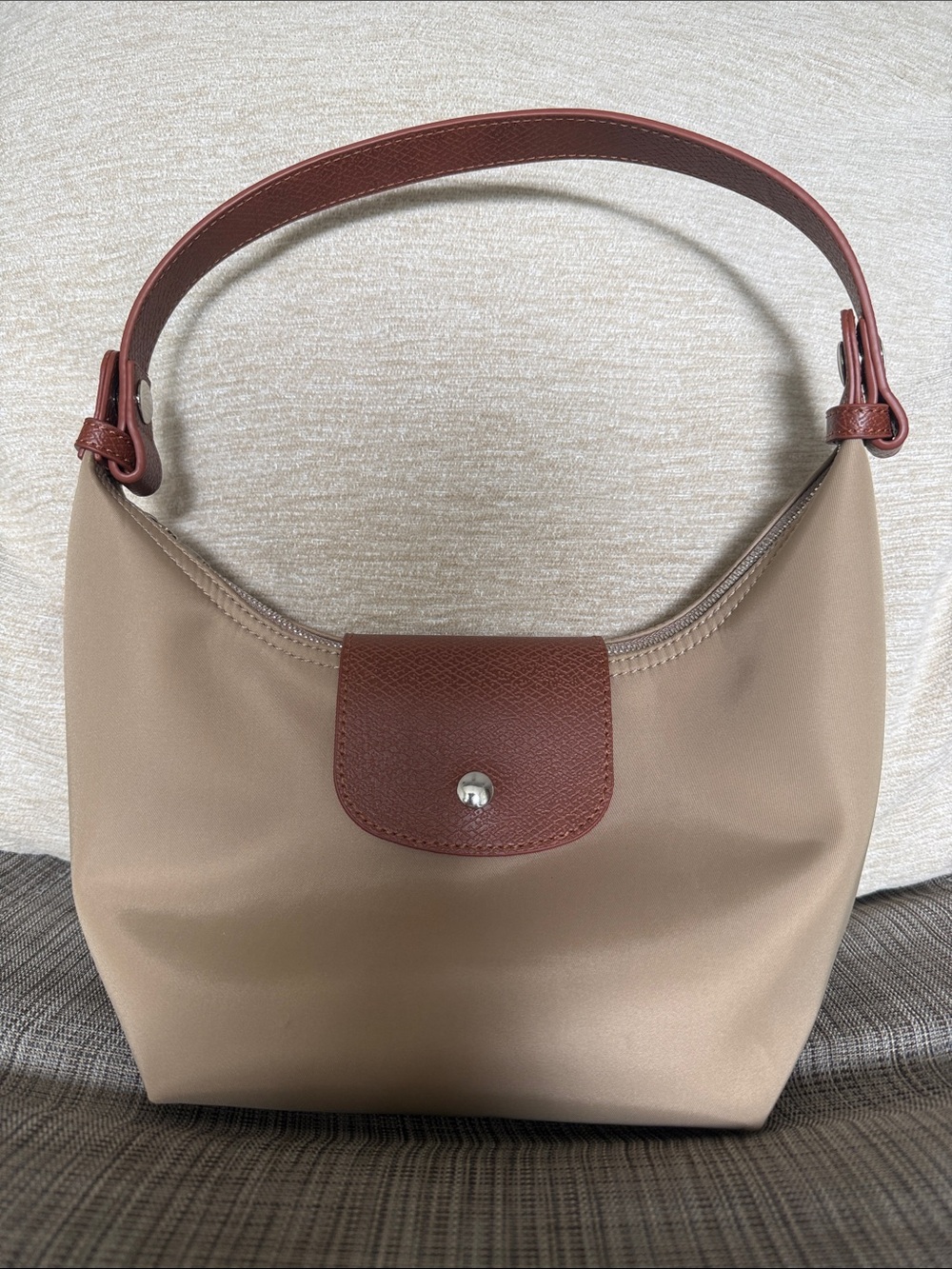 Women's Beige Shoulder Bag with Brown Trim - Sleek Everyday Carry